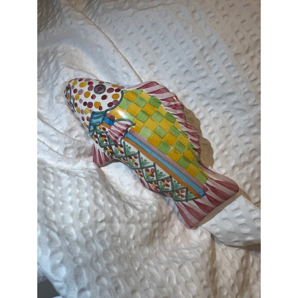 MacKenzie-Childs Ceramic Fish‎ Knob 5in Colorful Checker Pink Pull Handle